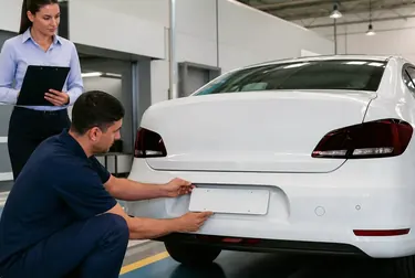 Carro recebendo placa nova durante primeiro emplacamento em um despachante.