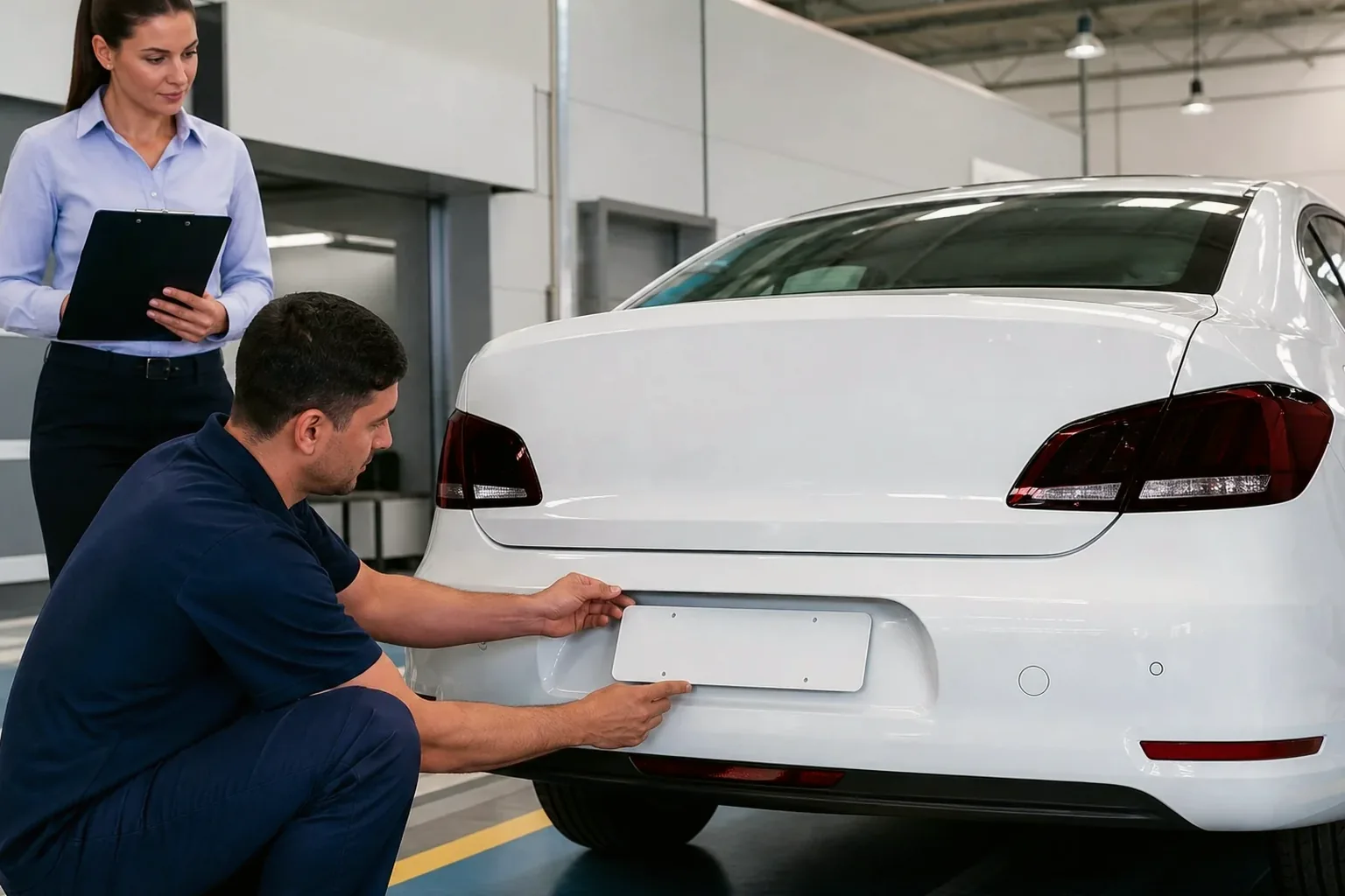 Carro recebendo placa nova durante primeiro emplacamento em um despachante.
