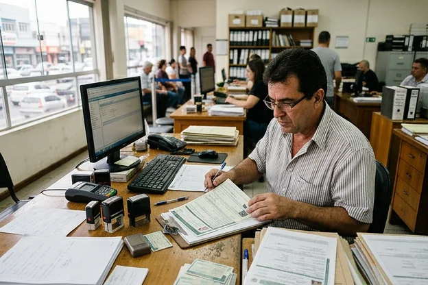 Despachante revisando documentos de veículos em São Leopoldo.